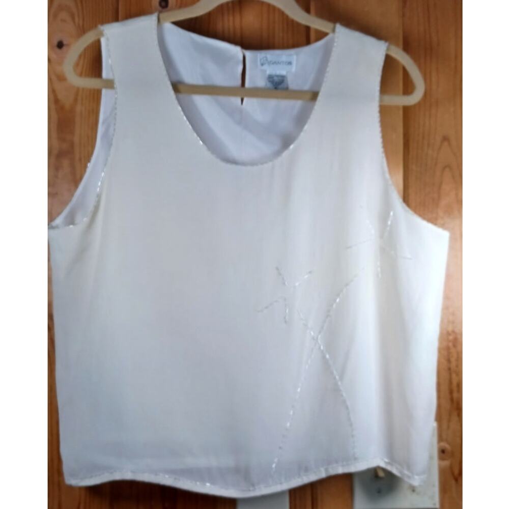 Vintage Gantos 100% Silk Tank Top L Ivory White Floral Embroidered Beaded Shell